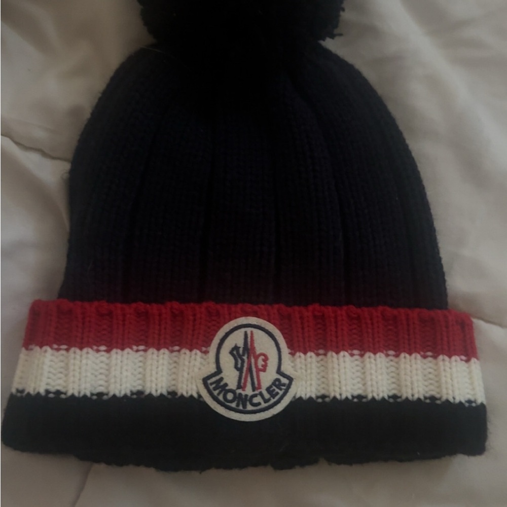 Moncler Black and Red Beanie with Tricolor Band